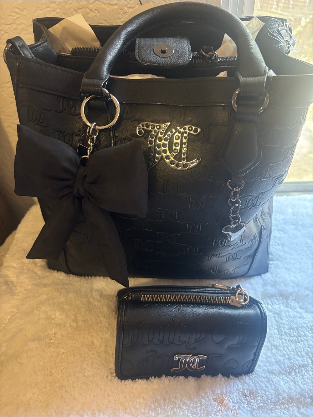 Large Juicy Couture Black Embossed Logo Tote with Wallet, Charm L-11 inches W-12